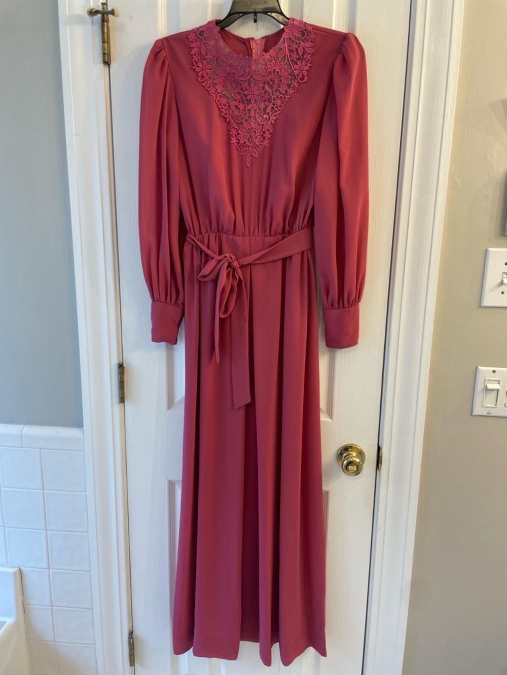 Vintage Union Made Raspberry Pink Long Sleeve Maxi Dress with Lace Yoke